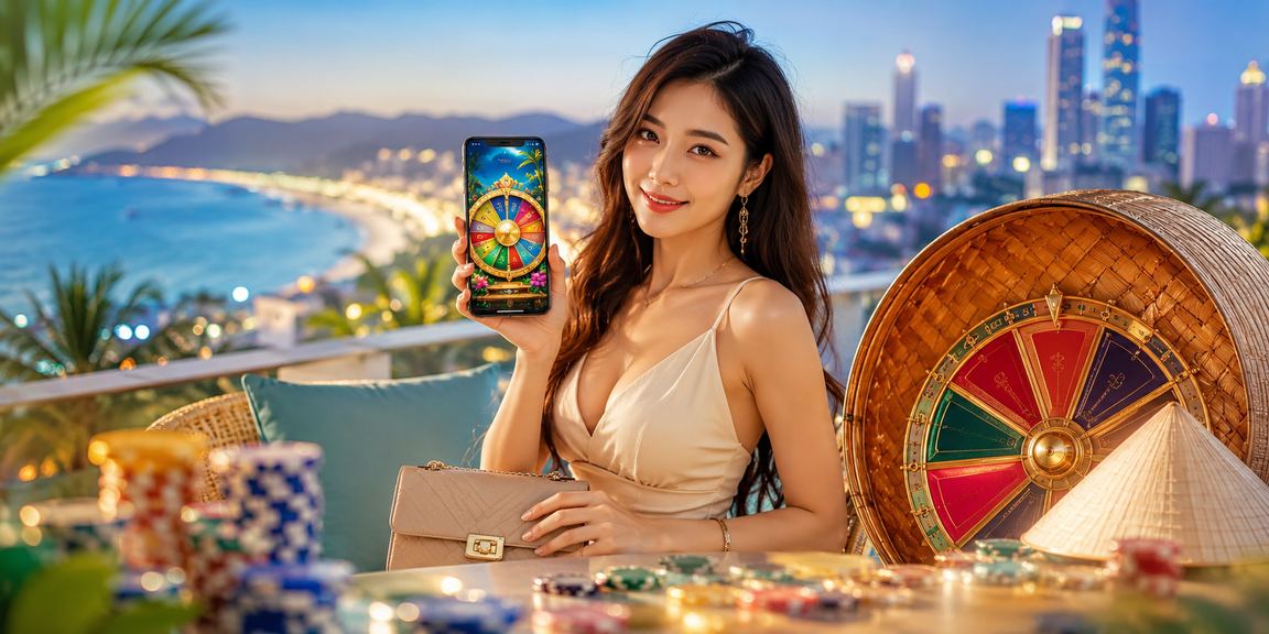 Phong cảnh Nha Trang với hình ảnh bàn Roulette và nón lá – biểu tượng văn hóa Việt Nam trong giải trí hiện đại